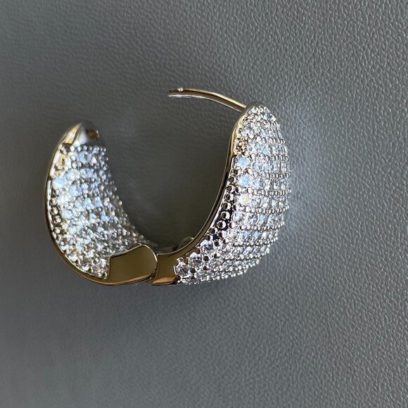 Pave Cubic Zirconia Huggies Style Silver Tone Earrings - Picture 4 of 10